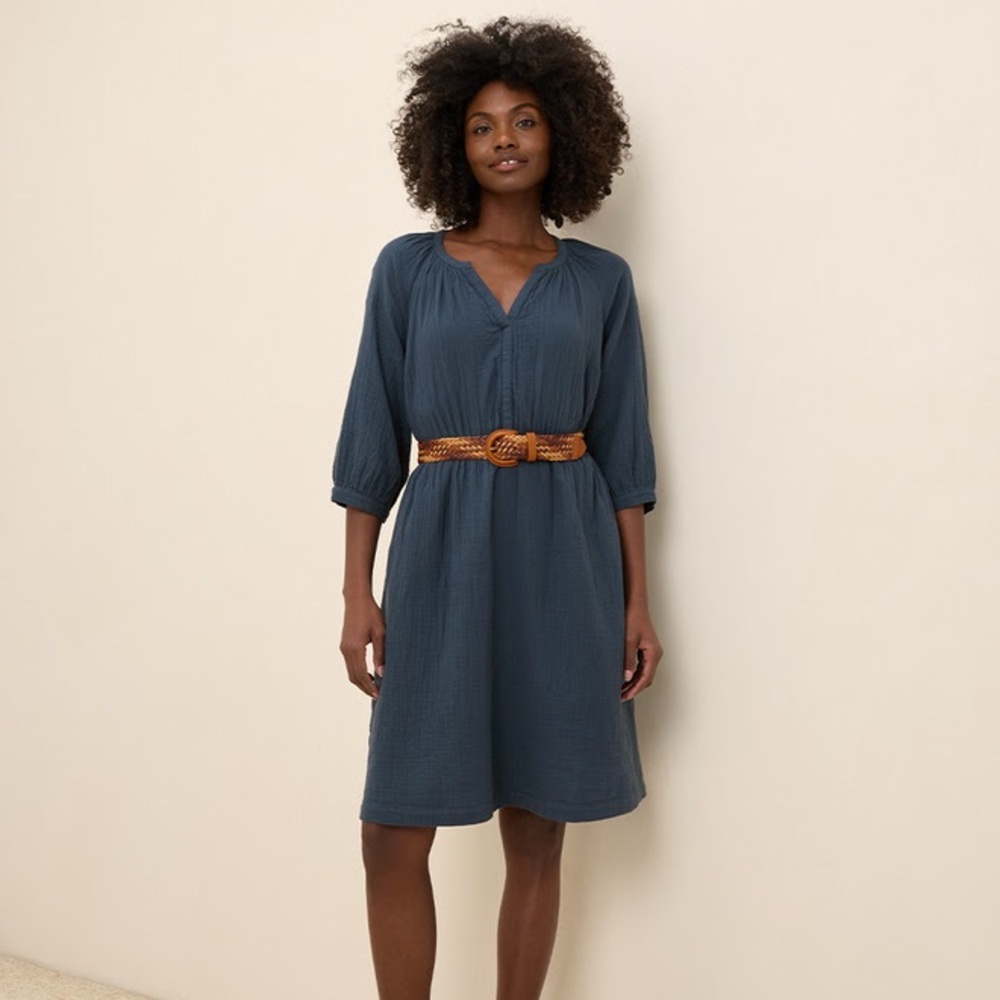 PACT Coastal double Gauze Peasant Dress in French Navy